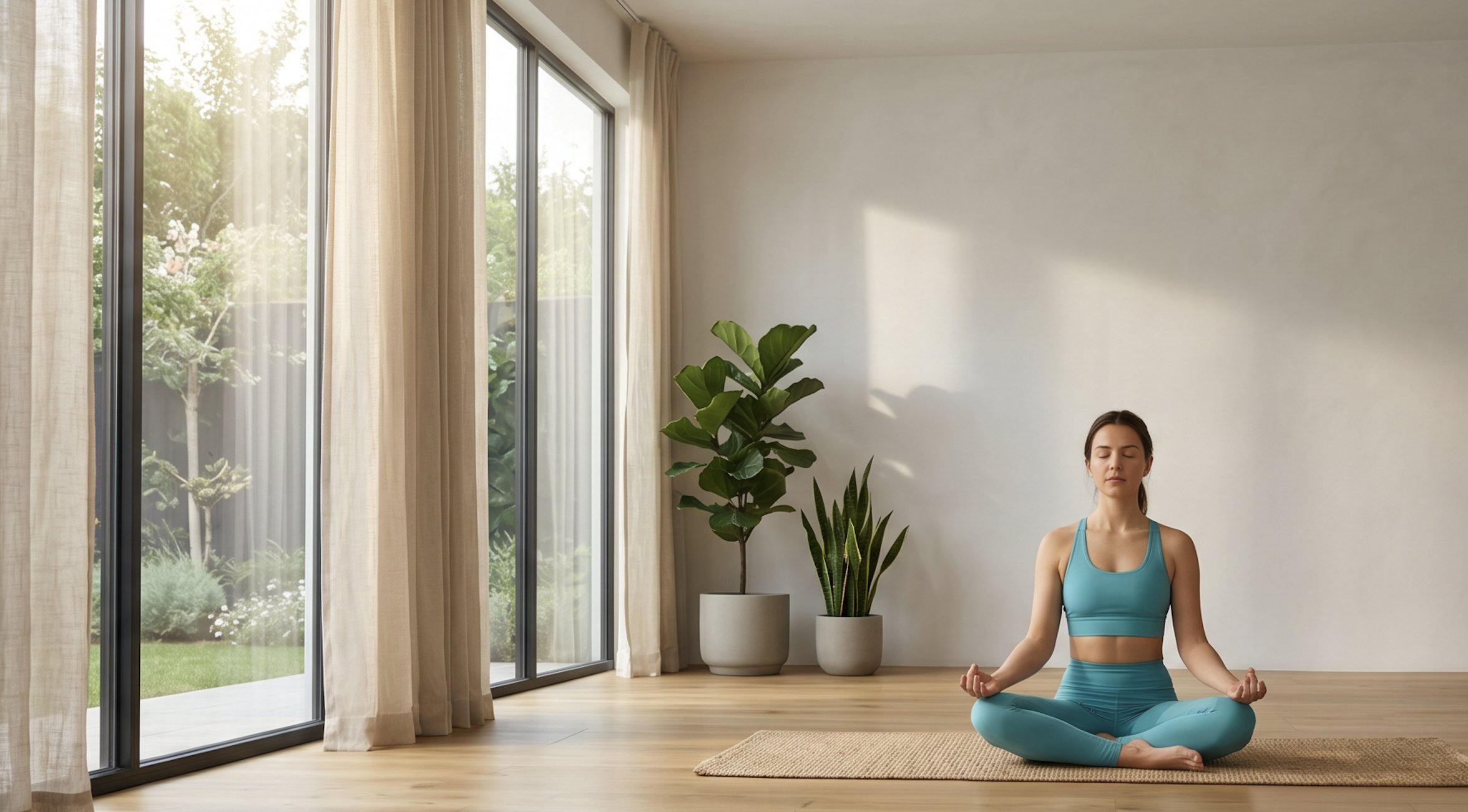 Frau in Yogapose – heller Wohnraum